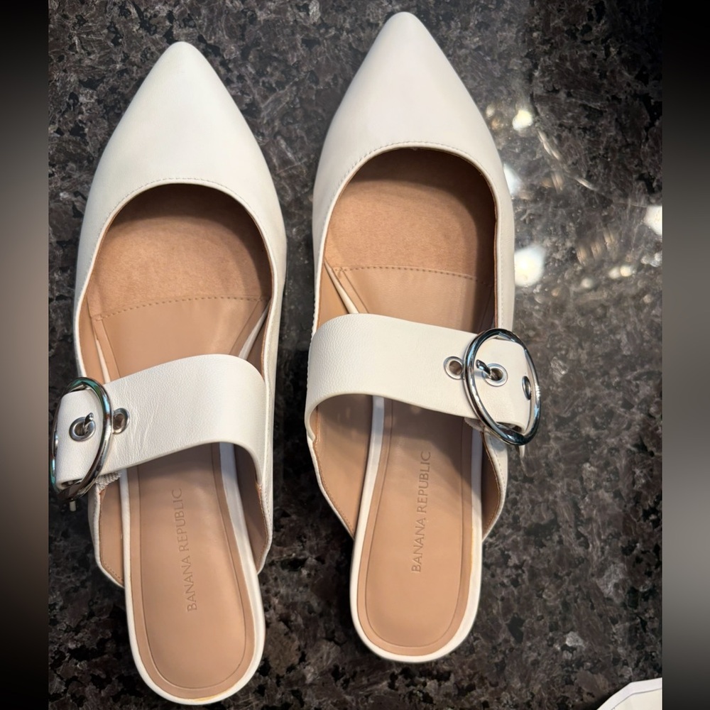 Banana Republic Cream Mules with Silver Buckle